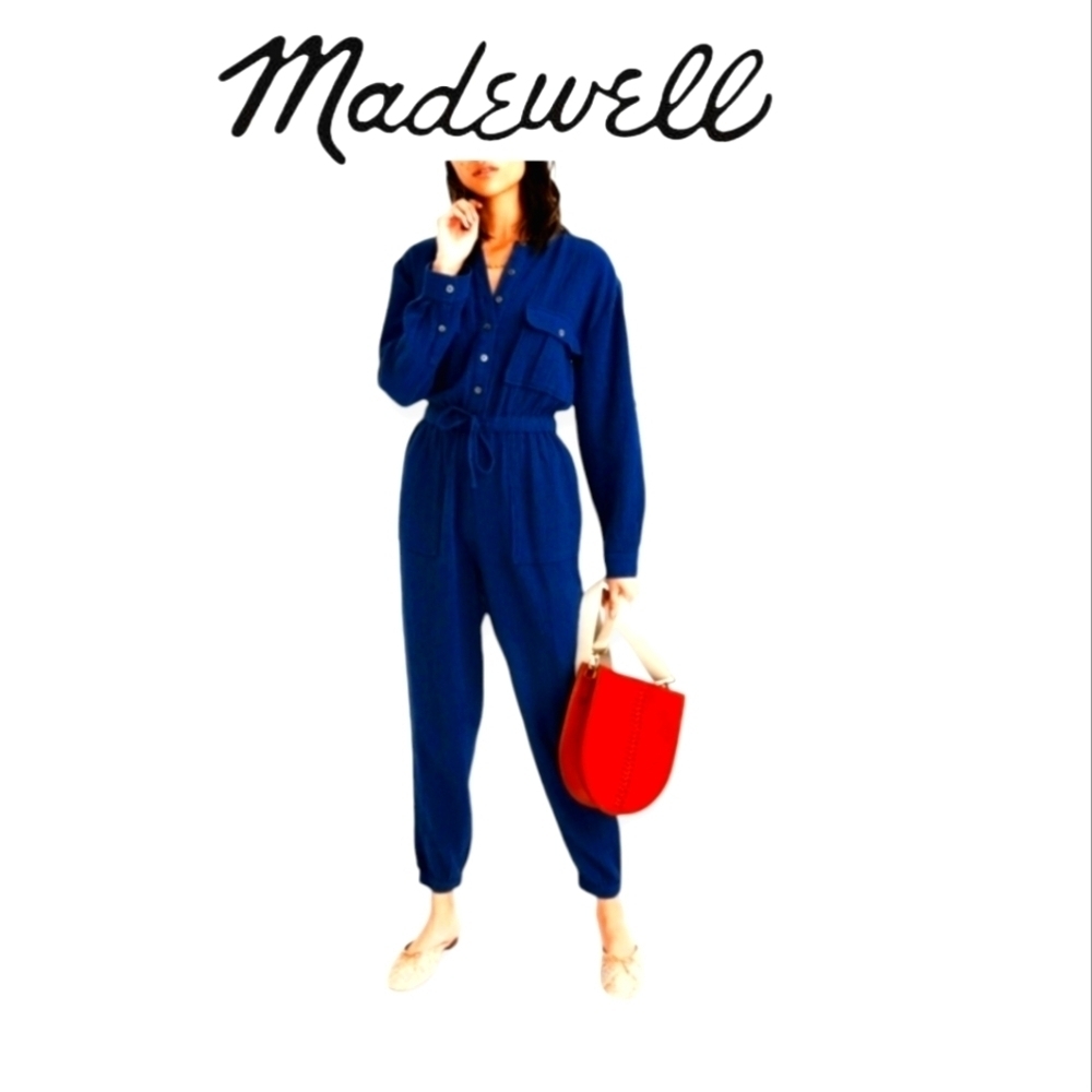 Madewell l/s royal blue 100% cotton jumpsuit pantsuit boilersuit office size 2